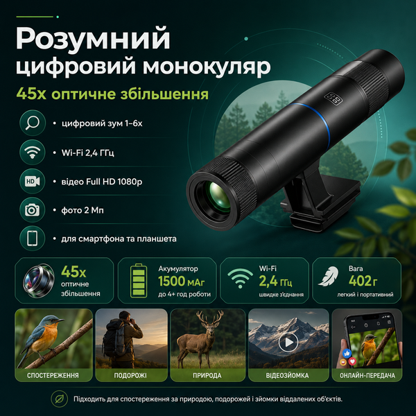 Цифровий монокуляр APEXEL з оптичним збільшенням 45x, Wi-Fi та записом Full HD GDZ28 фото