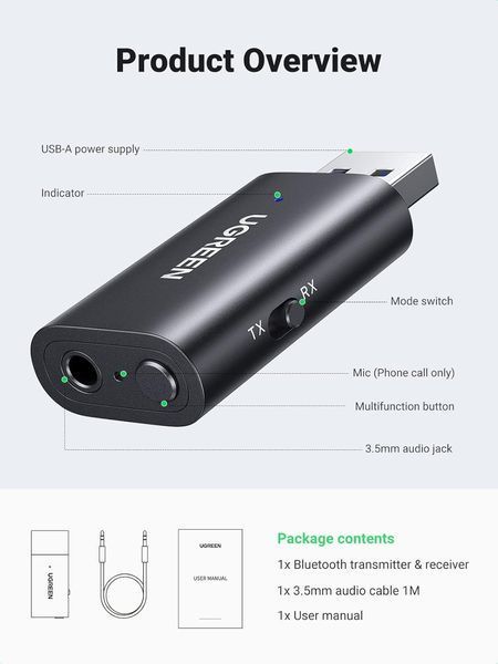 Бездротовий аудіоадаптер / приймач-передавач UGREEN 5.1 USB-Bluetooth-3,5 мм 2370 фото